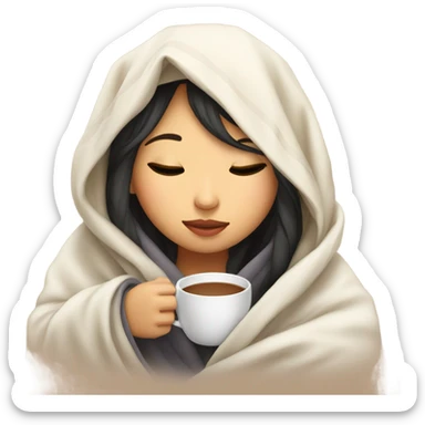asian girl inside a blanket sipping coffee eyes closed sticker