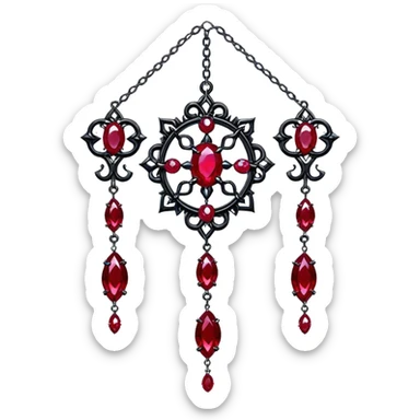 Epic gothic Hanging suncatcher, chains with shiny sparkly with ruby-gemstones and obsidian-gemstones,  sticker
