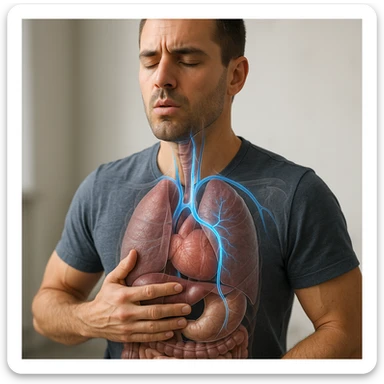 realistic 4K image of a man improving his vagus nerve through breathing protocols, anatomical details, highlighted vagus nerve path with blue glowing effect, man in deep breathing position, transparency on internal organs, clinical atmosphere, neutral background sticker