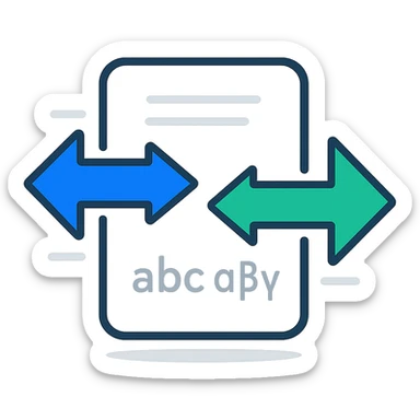 clean minimalist icon of a white rectangular paper sheet with softly rounded corners centered, two bold arrows emerging from its sides, left-to-right arrow in deep blue #2E5FFF, right-to-left arrow in vibrant green #00C781, arrows intersecting at midpoint symbolizing bidirectional language conversion, subtle horizontal lines or faint glyphs like 'abc...αβγ...' on the sheet hinting at multilingual text, arrows with solid triangle tips, uniform stroke widths, optional motion streaks or drop shadow for depth, professional and intuitive style suitable for academic or corporate translation tools sticker