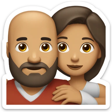 Comforting hug from brunette Puerto Rican with dark brown eyes to short, bald man with brown eyes and a beard sticker