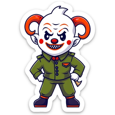evil clown warrior, bald, short goat-like horns on forehead, fangs, pointed ears, black and military green leisure suit, battle-ready fighting posture sticker