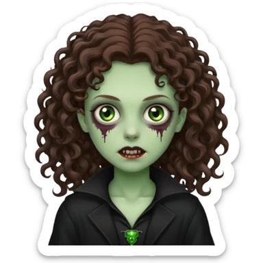 long curly haired zombie with brown hair color and green eye color, with dark vampire clothes sticker