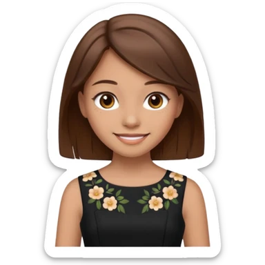 Make a girl, she have brown hair and eyes, smiling and she is in a black dress sticker