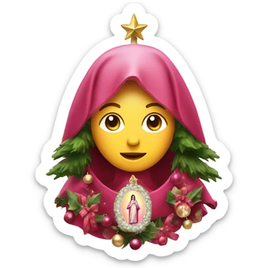 Christmas tree with pink and burgundy decoratio and Virgin Mary on top sticker