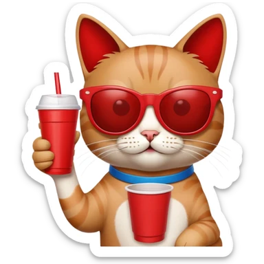 cat wearing sunglasses, holding a red solo cup, looking like it's at a college party sticker