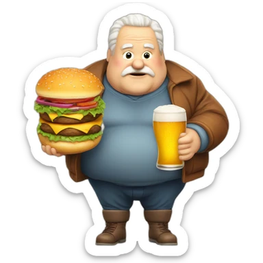 a fat old man with burger snd beer and christmas sticker