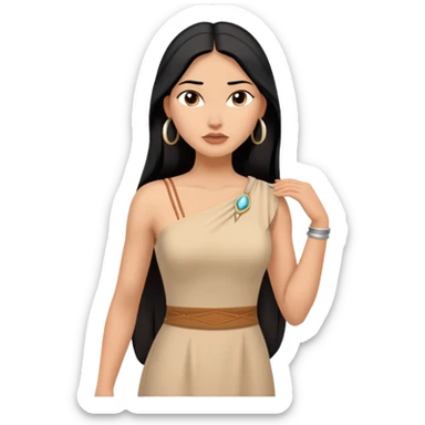 Pocahontas from hips up, tan dress with one shoulder, long black hair, minimal style but clearly recognizable sticker