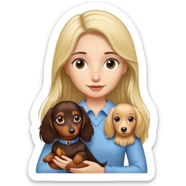 Girl with dark brown hair holding a long haired blonde dachshund  sticker