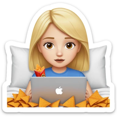Girl with blonde hair watching TV on her Mac book computer and eating Doritos in bed sticker