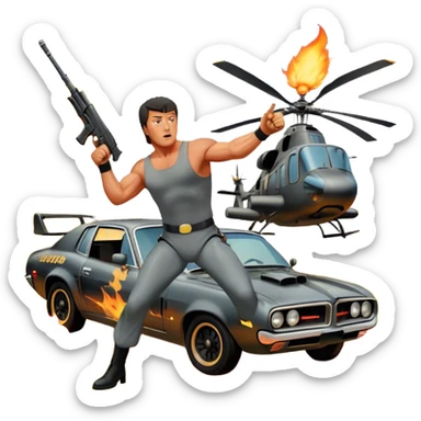 Icon for Action Movie: A vintage movie poster-style design featuring intense action scenes with explosions, weapons, and dramatic poses of Stallone. Include cars and helicopters flying out of flames in the background. Bold typography and retro cinematic style. Transparent background. sticker