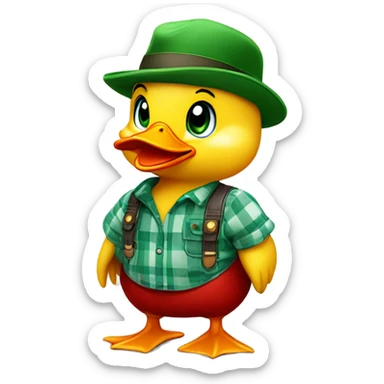 cute fluffy chubby baby duck with hand and wear green hat and red checkered shirt and jeans jumpsuit sticker