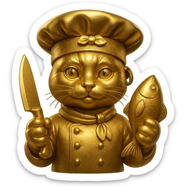 Add a single large gold earring to one ear, and make the cat chef hold a knife in one paw and a fish in the other. Keep the bandana and chef look, with no background. sticker