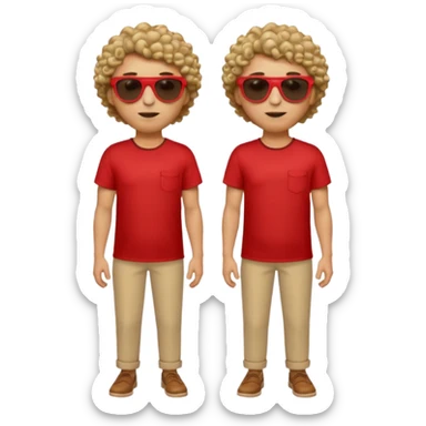 Emoji-style man in a red untucked shirt with rolled sleeves, beige trousers, and sunglasses. Short curly box-cut hair, long triangular face. Looking sideways, removing sunglasses with one hand, the other on his waist. sticker