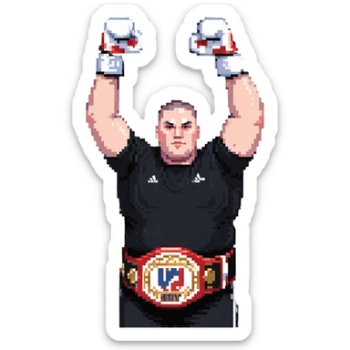 white man with dark hair, dark eyes, buzzcut faded haircut, overweight 100kg boxer, chubby face, stocky build, wearing full black clothes, black adidas boxing gloves, victory pose with arms raised, holding championship belt, upper body only no legs visible, highly pixelated sticker