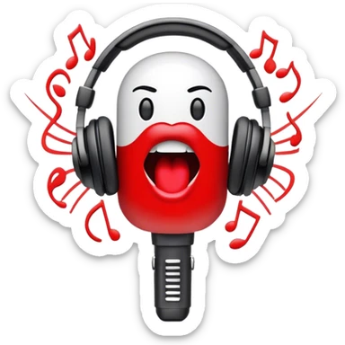Create a dynamic and energetic emoji that represents beatboxing. The design should feature a stylized microphone with lips and sound waves emanating from it, symbolizing vocal percussion and rhythm. Add elements like headphones or a subtle speaker to emphasize the music production aspect. Use bold colors like black, white, and red to convey the intensity and creativity of beatboxing. The background should be transparent. sticker