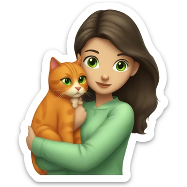 Beautiful Brunette girl with green  eyes hugging orange cat with green eyes  sticker