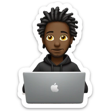 Black-guy-with-dreads-wearing-black-trackstuit-sitting-down-on-chair facing-foward-focused-on-laptop-computer- sticker
