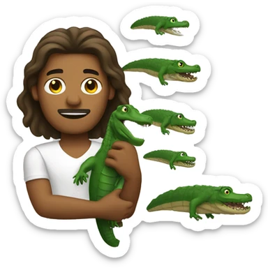 Long hair brown man holding alligator  sticker