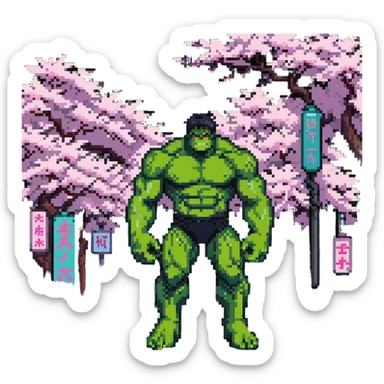 the Hulk standing in a Japanese city with cherry blossoms and neon signs sticker