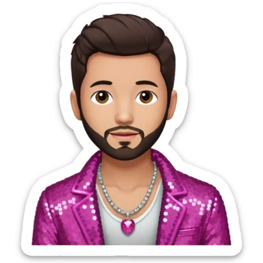 Frankie Zulferino, Pop Singer (b.1990) with dark brown hair and short beard, dark pink sequin jacket, light tan skin, shirtless with necklace sticker