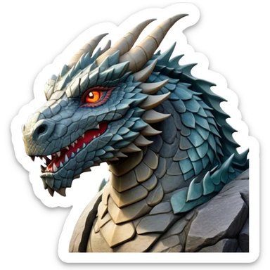 Cinematic Noble Giant Rock Dragon Portrait Emoji, Poised and awe-inspiring, with a massive, rugged form carved from ancient stone, featuring intricately textured scales that resemble weathered granite and basalt, and piercing, stony eyes echoing the strength of timeless mountains; rendered with lifelike detail and earthy natural highlights, high shine, formidable and grounded, styled with an aura of primordial majesty, focused and resolute, soft glowing outline, capturing the essence of an enduring rock titan ready to surge from the screen with ageless power! sticker