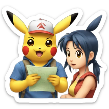 pikachu, ash and misty discussing a math problem in bad terms sticker