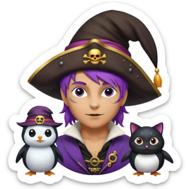 Um homem vestido de pirata,um gato de mágico,uma mulher de cabelos roxos e um pinguin vestido de bruxa sticker