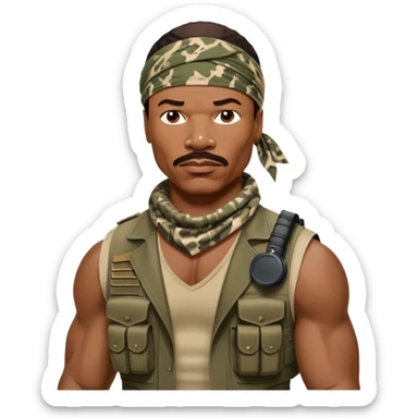 Carl Weathers as Dillon from Predator movie, muscular man in military gear with bandana sticker