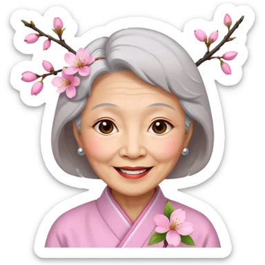 elderly asian woman with cherry blossom sticker