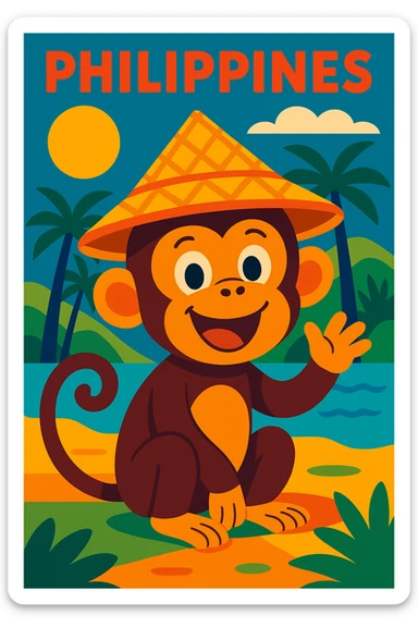 a cheerful monkey in the Philippines wearing a traditional Filipino hat sticker