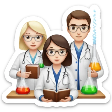 The team of three scientists is waist-deep, surrounded by chemical flasks and books sticker