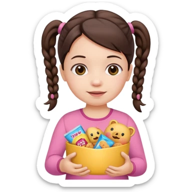 Cute small Toddler emoji with two pigtails dark brown hair, fair skin, in pink top, holding toddler snacks sticker