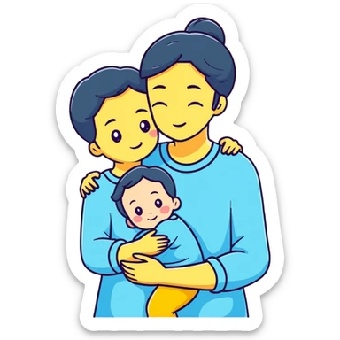 mother hugging daughter with pastel blue background and clothing sticker