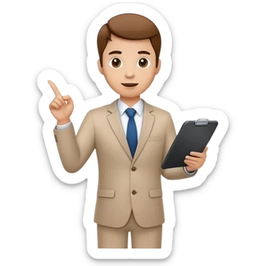 professional character standing and gesturing with one hand, while holding a clipboard or tablet in the other. The character wears smart casual business attire. sticker