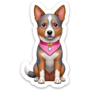 3D style Australian cattle dog with red coat sitting upright, facing forward, wearing a pink collar sticker