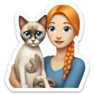 Girl with orange hair and blue eyes hugs Siamese cat with blue eyes sticker