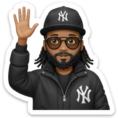 African American man with shoulder length black dreadlocks with black beard wearing  dark black sunglasses with a black bubble winter coat wearing a New York Yankees baseball capwith arms raised with light around him sticker