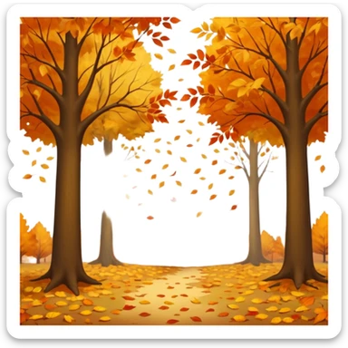 A peaceful autumn scene with golden and orange leaves gently falling from tall trees, soft sunlight filtering through the branches, leaves covering the ground, a gentle breeze in the air, cinematic atmosphere, warm color tones, 4K, ultra detailed, hyperrealistic, dreamy fall season landscape sticker