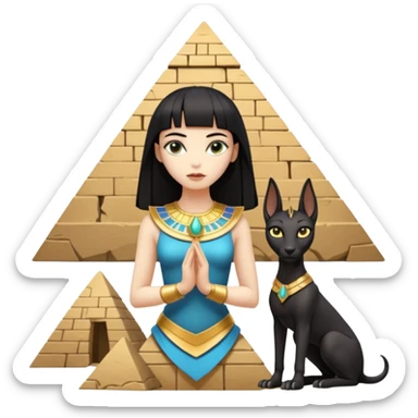 Kindly alien cleopatra Protecting silky black-haired tiny statuette scale female Anubis and pyramid scenery stone-age cracked irregular dwelling  sticker
