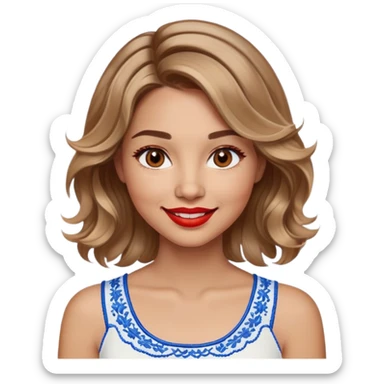 Enthusiastic woman with healthy glowing skin, round cheeks, warm smile, expressive light brown eyes, red lipstick, wavy dark blonde shoulder-length hair with highlights, summery white top with blue embroidery and electric blue neckline sticker