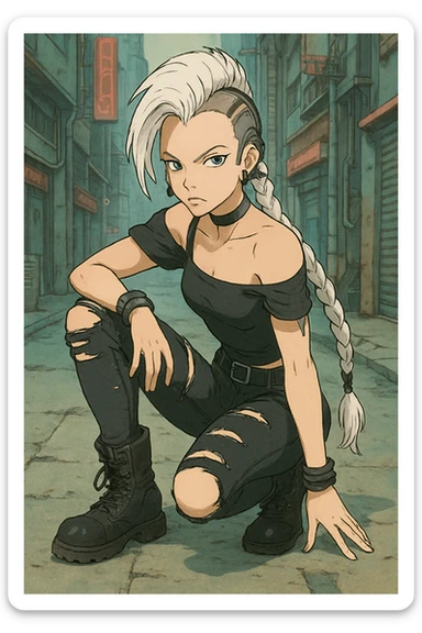 1 female, cyberpunk, mohawk white hair, 1 long braid, cybergoth, gothic style, action pose, style of anime, she is looking into the camera, black short sleeve off shoulder top, ripped tight jeans, combat boots sticker