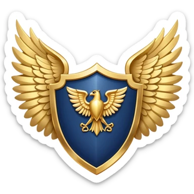 a navy blue shield with large gold wings behind sticker