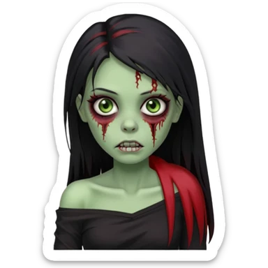 Garota zumbi com cabelo todo preto liso longo e mechas vermelhas na lateral da cabeça dos dois lados, usando uma blusa com um lado da manga caida preta  sticker