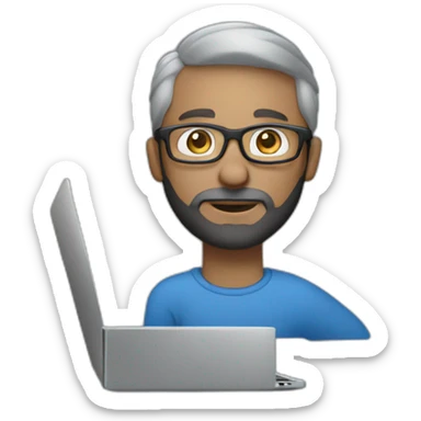Person (white male, black and grey hair and beard with blue eyes and glasses) working on macbook laptop sticker