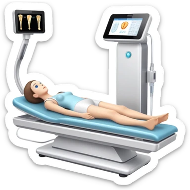 3D medical DEXA scan machine with patient lying on table, bone density measurement equipment sticker