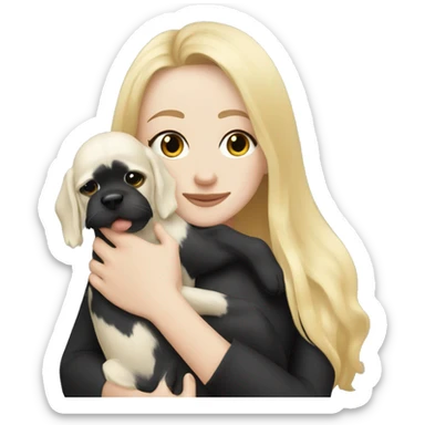 pretty woman with pale skin, very long blonde hair hugging a black dog sticker