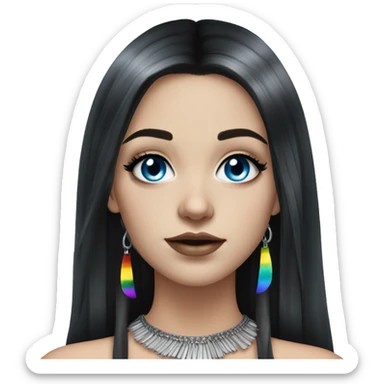Hyperrealistic white girl with blue eyes and long black hair with rainbow fringe. Wearing cute black & silver choker necklace has dark eye makeup on her eyes sticker