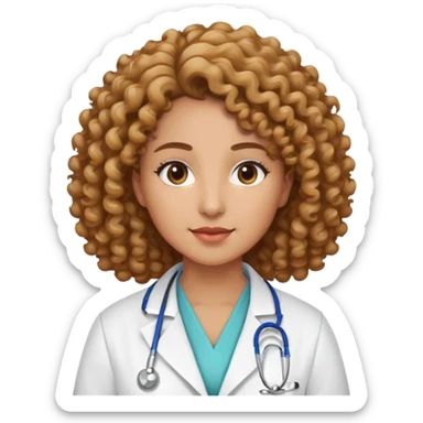 woman with curly hair, light brown skin, wearing hospital lab coat sticker