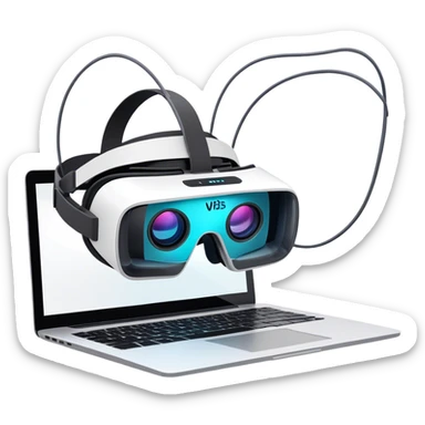 VR headset lying next to a laptop, connected by wires. On the laptop screen a VR/AR modeling program is opened. Floating 3D models or virtual objects. Modern, tech-inspired colors. No emojis or smiley faces. Transparent background. sticker